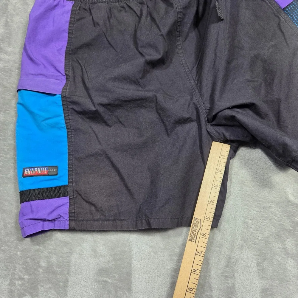 Graphite Sport Mens‎ XL Vintage 90s Colorblock Swim Trunks Black Purple Belted